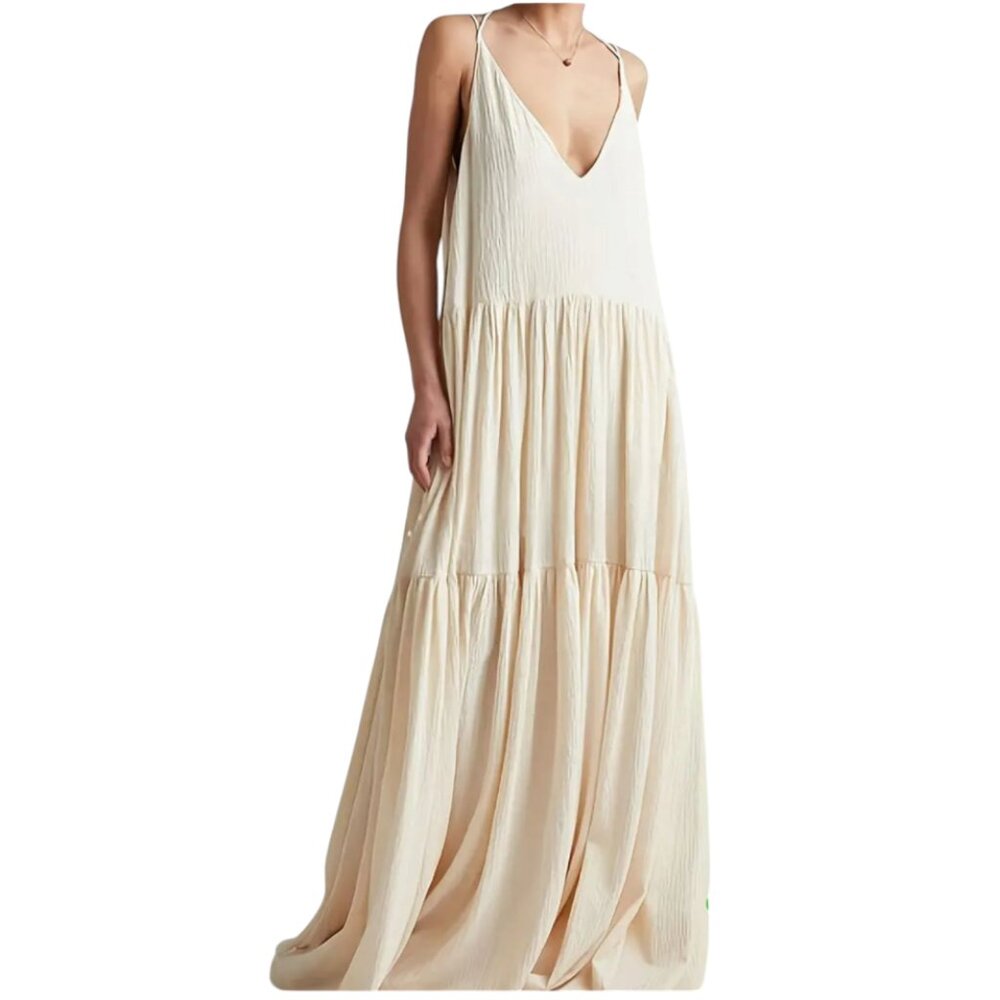 Cream Spaghetti Straps Tiered Maxi Dress